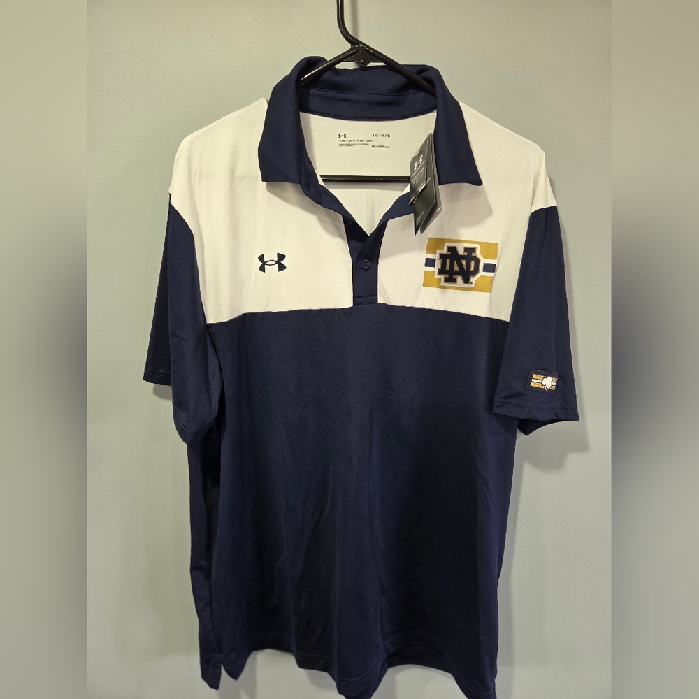 NWT Note Dame Under Armour Polo Shirt Mens L NCAA Fighting Irish Offical On-Fiel